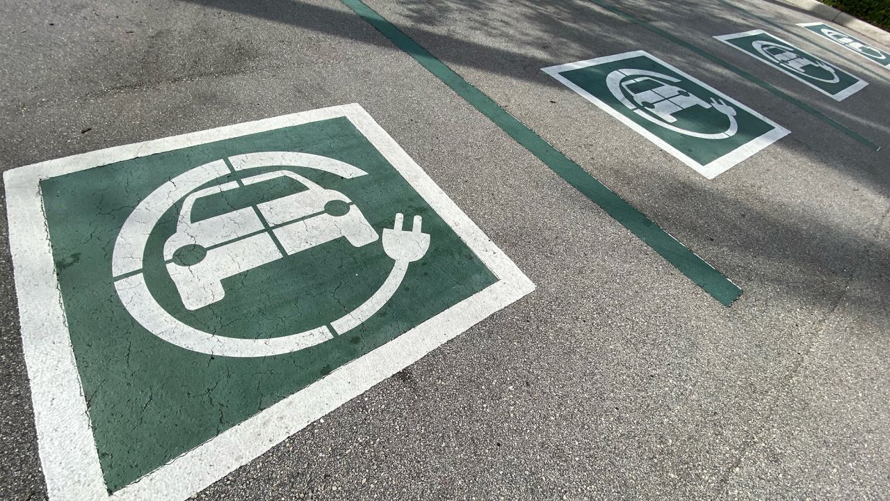 An electric vehicle charging station at Alton Shopping Center parking lot, in Palm Beach Gardens, Florida, in February.