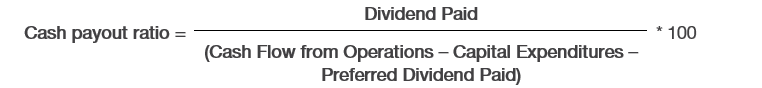 Cash payout ratio. Subtract CAPEX and preferred dividend paid from Cash Flow from Operations. Divide the dividend paid by the result. Then multiply by 100.